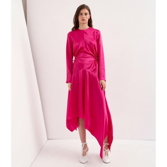 MATERIEL TBILISI Asymmetric Cutout Silk-satin Midi Fuchsia Dress Size 8 - Picture 5 of 10